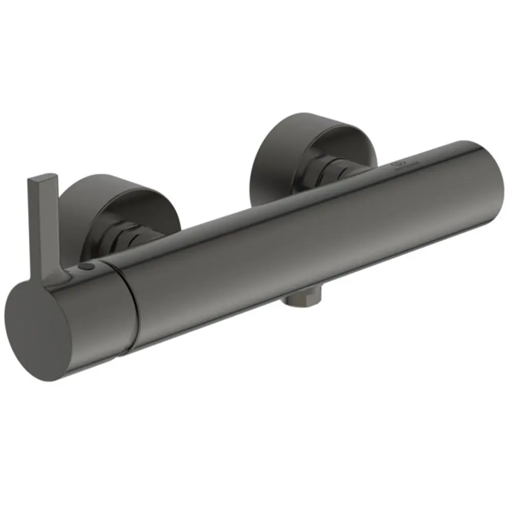 Brausearmatur in mattem Grau von Ideal Standard mit einem runden Design und einem seitlichen Hebel zur Einstellung der Wassertemperatur und -menge.